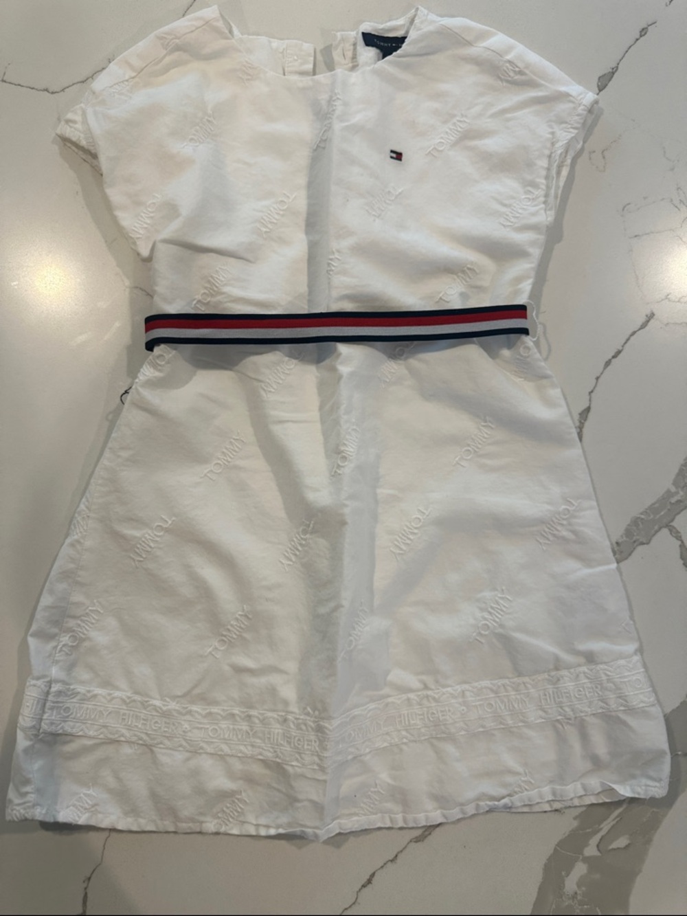 Tommy Hilfiger White Girl's Dress with Red-Navy Waist Stripe